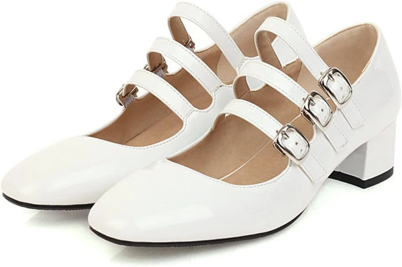 Women Block Chunky Mid Heel Mary Jane Pumps Square Toe Patent Leather Buckle Comfy Retro Dress Shoes