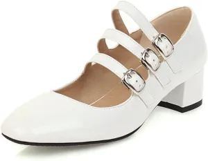 Women Block Chunky Mid Heel Mary Jane Pumps Square Toe Patent Leather Buckle Comfy Retro Dress Shoes