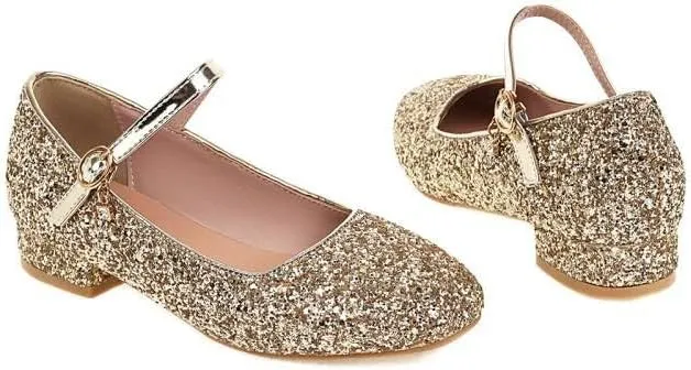 Women Mary Jane Pumps Round Toe Low Block Heels with Bling Sequins