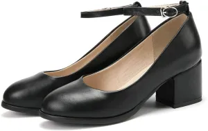 Women Round Toe Ankle Strap Dress Pumps Comfort Mid Chunky Block Heel Formal Office Work Shoes