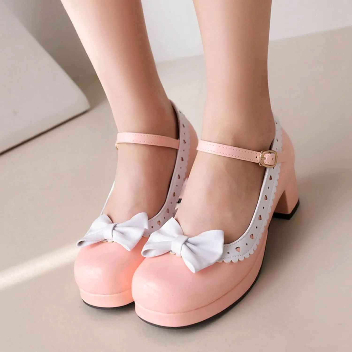Women Sweet Bow Mary Jane Round Toe Pumps Ankle Strap Platform Chunky Mid Heel Dress Lolita Shoes