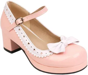 Women Sweet Bow Mary Jane Round Toe Pumps Ankle Strap Platform Chunky Mid Heel Dress Lolita Shoes
