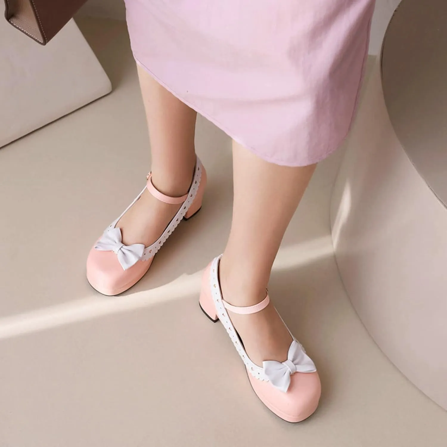 Women Sweet Bow Mary Jane Round Toe Pumps Ankle Strap Platform Chunky Mid Heel Dress Lolita Shoes