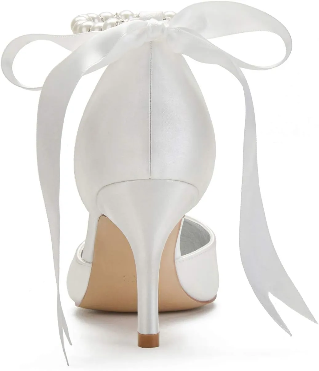 Women Wedding Shoes for Bride High Heels Bridal Shoes Pointed Toe Ribbon Tie Pearl Satin Prom Party Dress Pumps Sandals