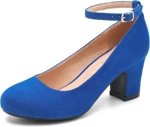 Women's Ankle Strap Low Block Chunky Heels Pumps Closed Round Toe Dress Wedding Office Work Shoes