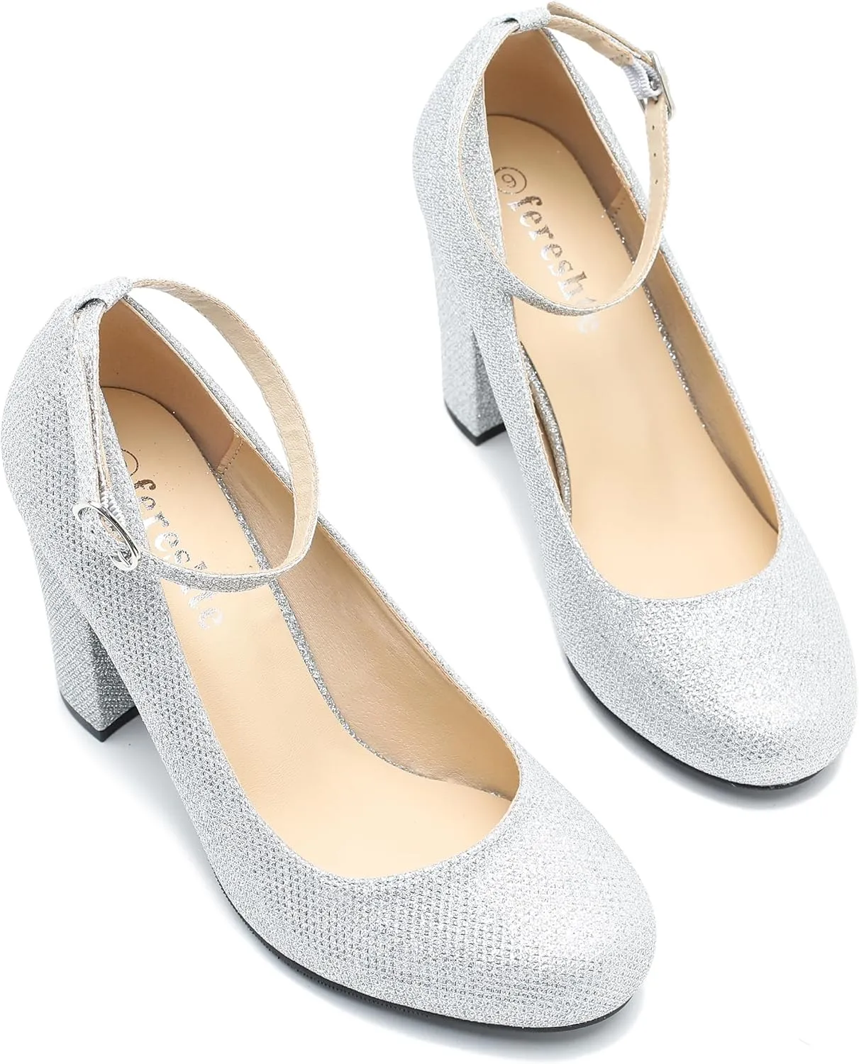 Women's Ankle Strap Pumps Closed Toe Block High Heel Round Toe Mary Jane Shoes