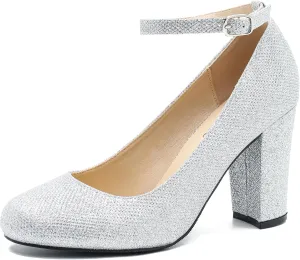 Women's Ankle Strap Pumps Closed Toe Block High Heel Round Toe Mary Jane Shoes
