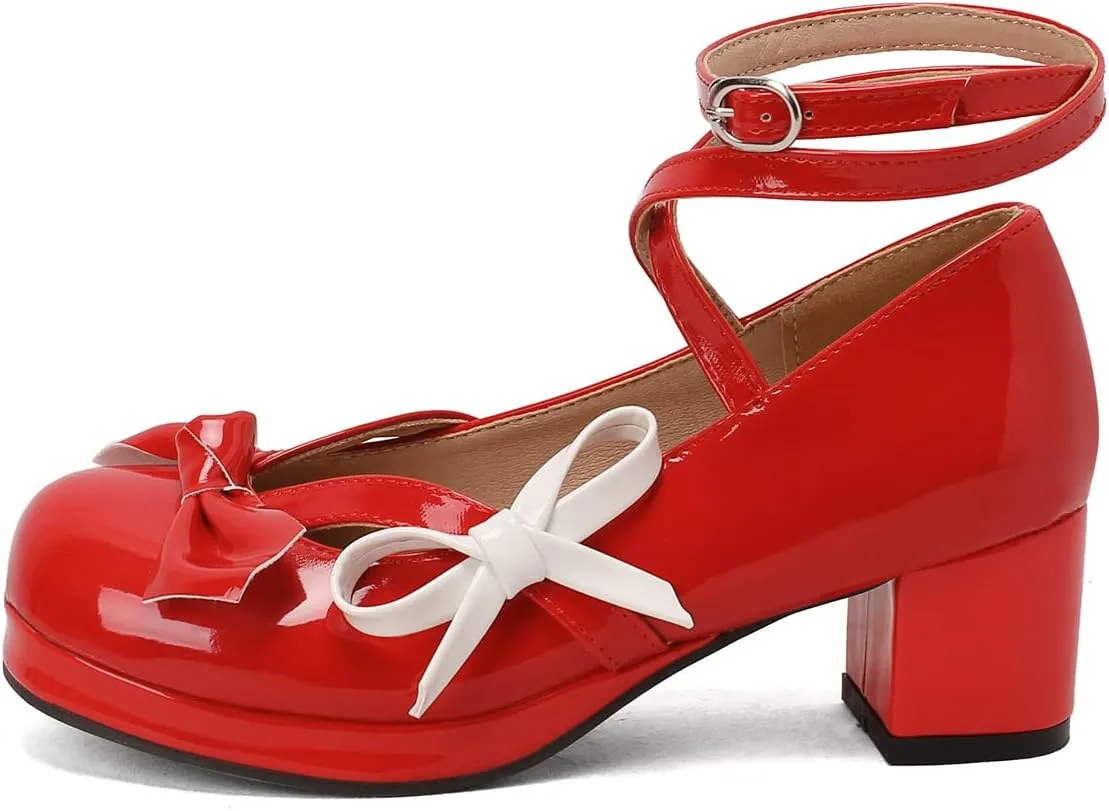 Women's Block Thick Heel Platform Sweet Bow Solid Lolita Pumps Patent Leather Round Toe Cross-Tied Fashion Mary Janes Pumps Uniform Shoes