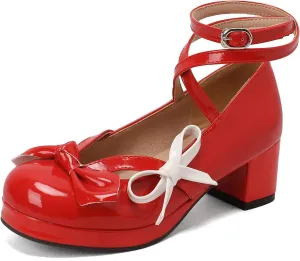 Women's Block Thick Heel Platform Sweet Bow Solid Lolita Pumps Patent Leather Round Toe Cross-Tied Fashion Mary Janes Pumps Uniform Shoes