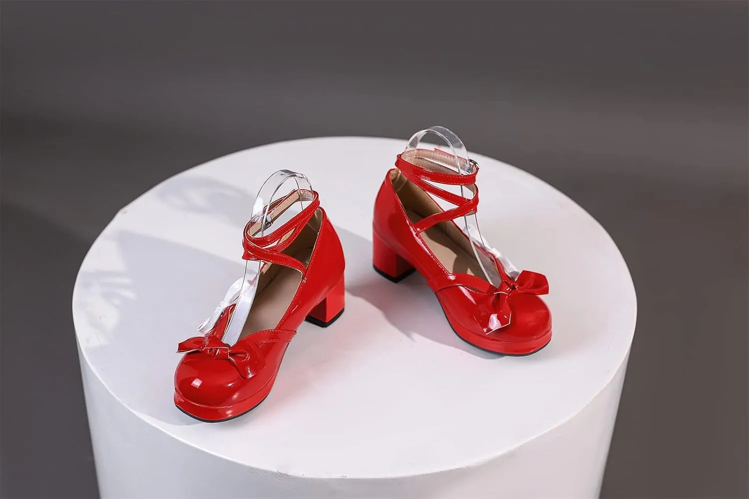 Women's Block Thick Heel Platform Sweet Bow Solid Lolita Pumps Patent Leather Round Toe Cross-Tied Fashion Mary Janes Pumps Uniform Shoes