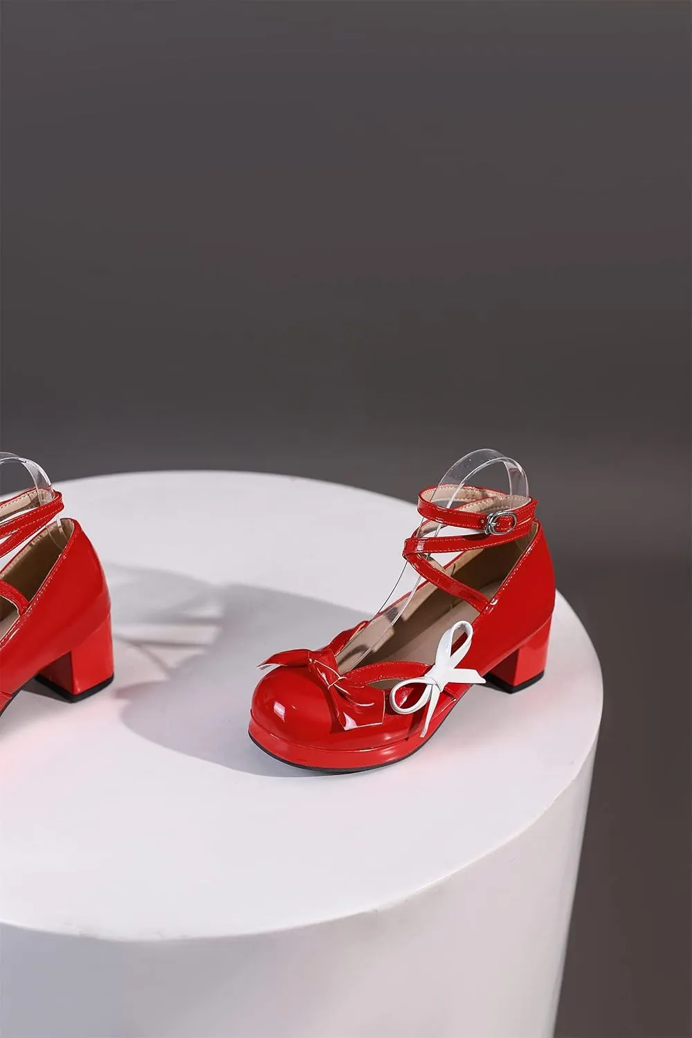 Women's Block Thick Heel Platform Sweet Bow Solid Lolita Pumps Patent Leather Round Toe Cross-Tied Fashion Mary Janes Pumps Uniform Shoes