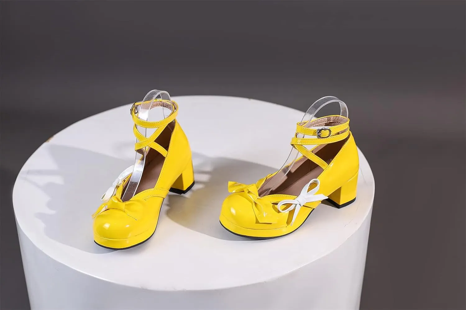 Women's Block Thick Heel Platform Sweet Bow Solid Lolita Pumps Patent Leather Round Toe Cross-Tied Fashion Mary Janes Pumps Uniform Shoes