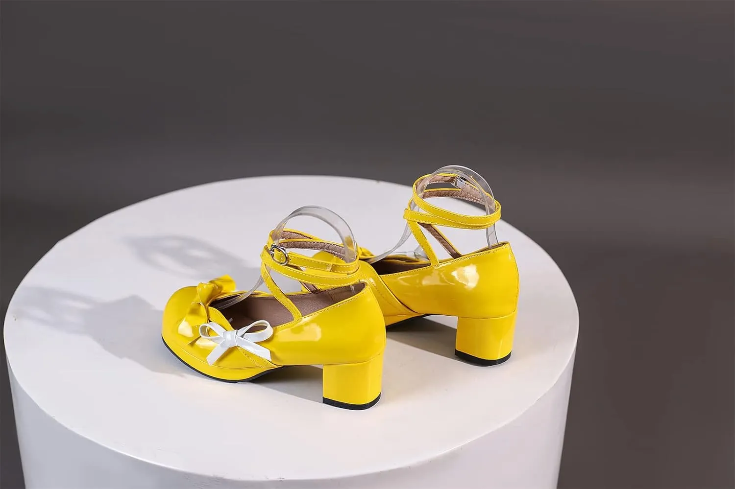 Women's Block Thick Heel Platform Sweet Bow Solid Lolita Pumps Patent Leather Round Toe Cross-Tied Fashion Mary Janes Pumps Uniform Shoes