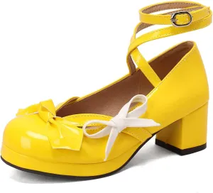 Women's Block Thick Heel Platform Sweet Bow Solid Lolita Pumps Patent Leather Round Toe Cross-Tied Fashion Mary Janes Pumps Uniform Shoes