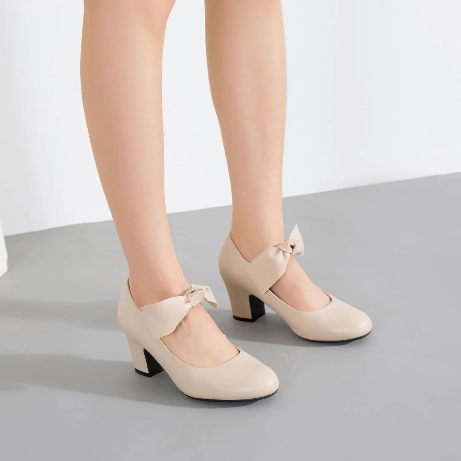 Women's Bow Mary Jane Block Heel Pumps Closed Round Toe Low Chunky Heels Ankle Strap Wedding Dress Evening Party Shoes
