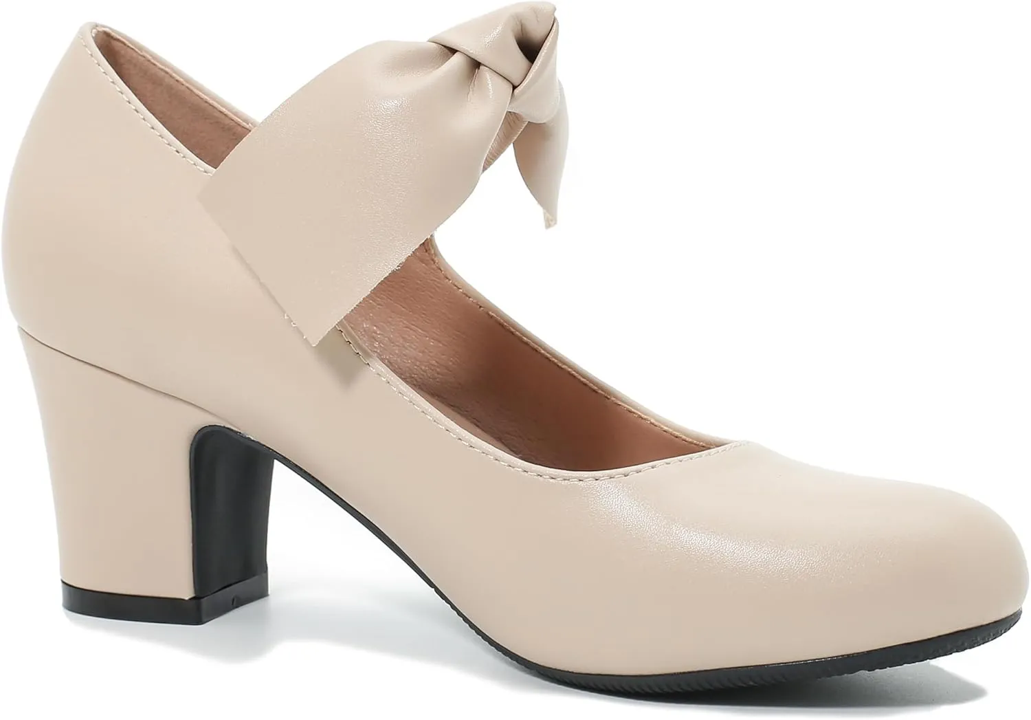Women's Bow Mary Jane Block Heel Pumps Closed Round Toe Low Chunky Heels Ankle Strap Wedding Dress Evening Party Shoes