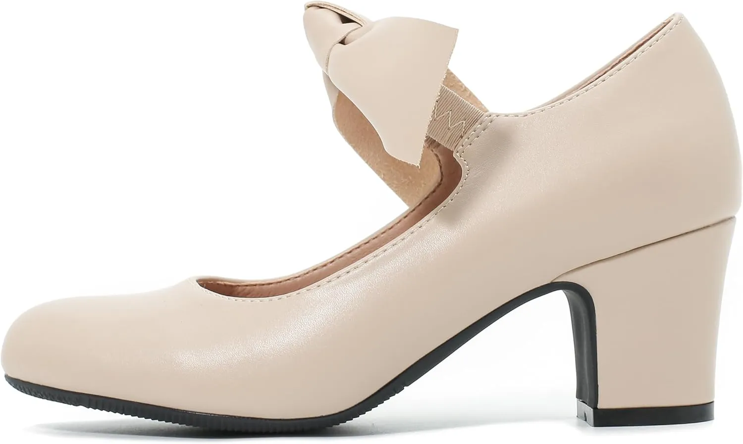 Women's Bow Mary Jane Block Heel Pumps Closed Round Toe Low Chunky Heels Ankle Strap Wedding Dress Evening Party Shoes