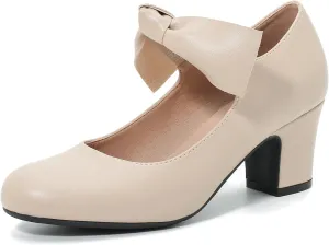 Women's Bow Mary Jane Block Heel Pumps Closed Round Toe Low Chunky Heels Ankle Strap Wedding Dress Evening Party Shoes