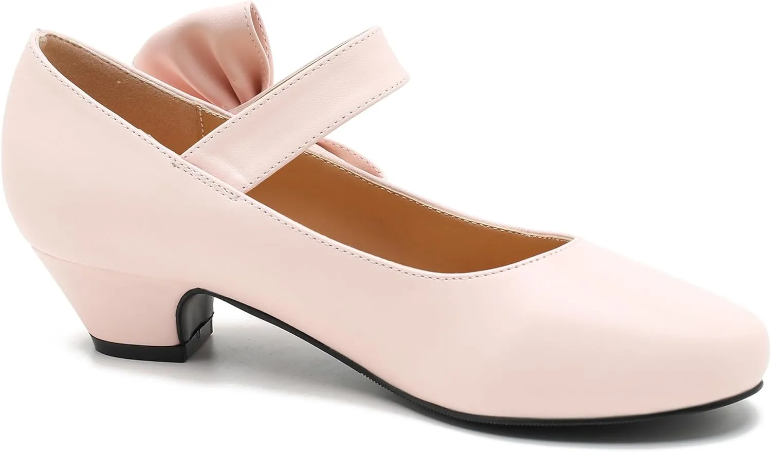 Women's Bow Mary Jane Low Chunky Heel Pumps Ankle Strap Side Bow Round Toe Dress Wedding Party Shoes