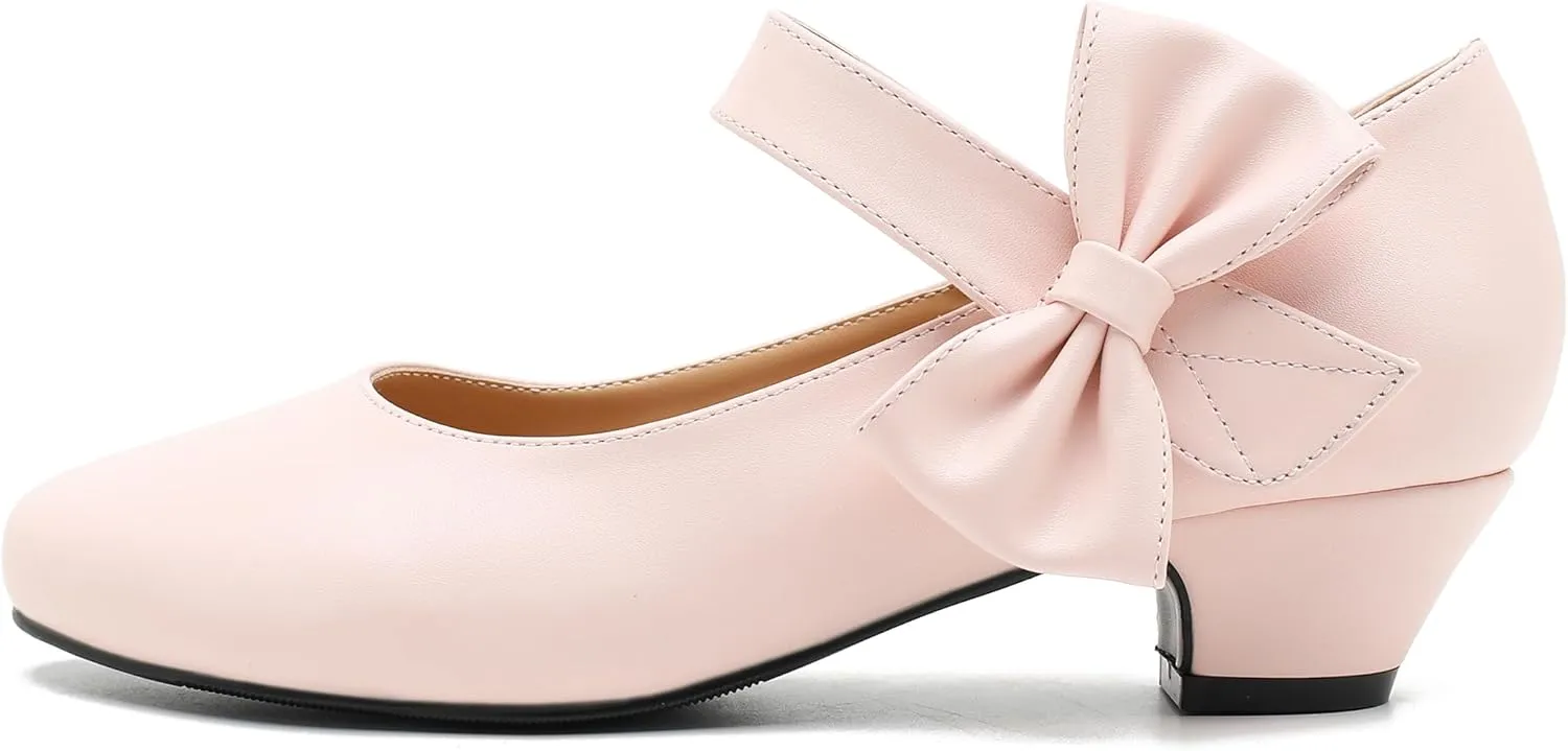 Women's Bow Mary Jane Low Chunky Heel Pumps Ankle Strap Side Bow Round Toe Dress Wedding Party Shoes