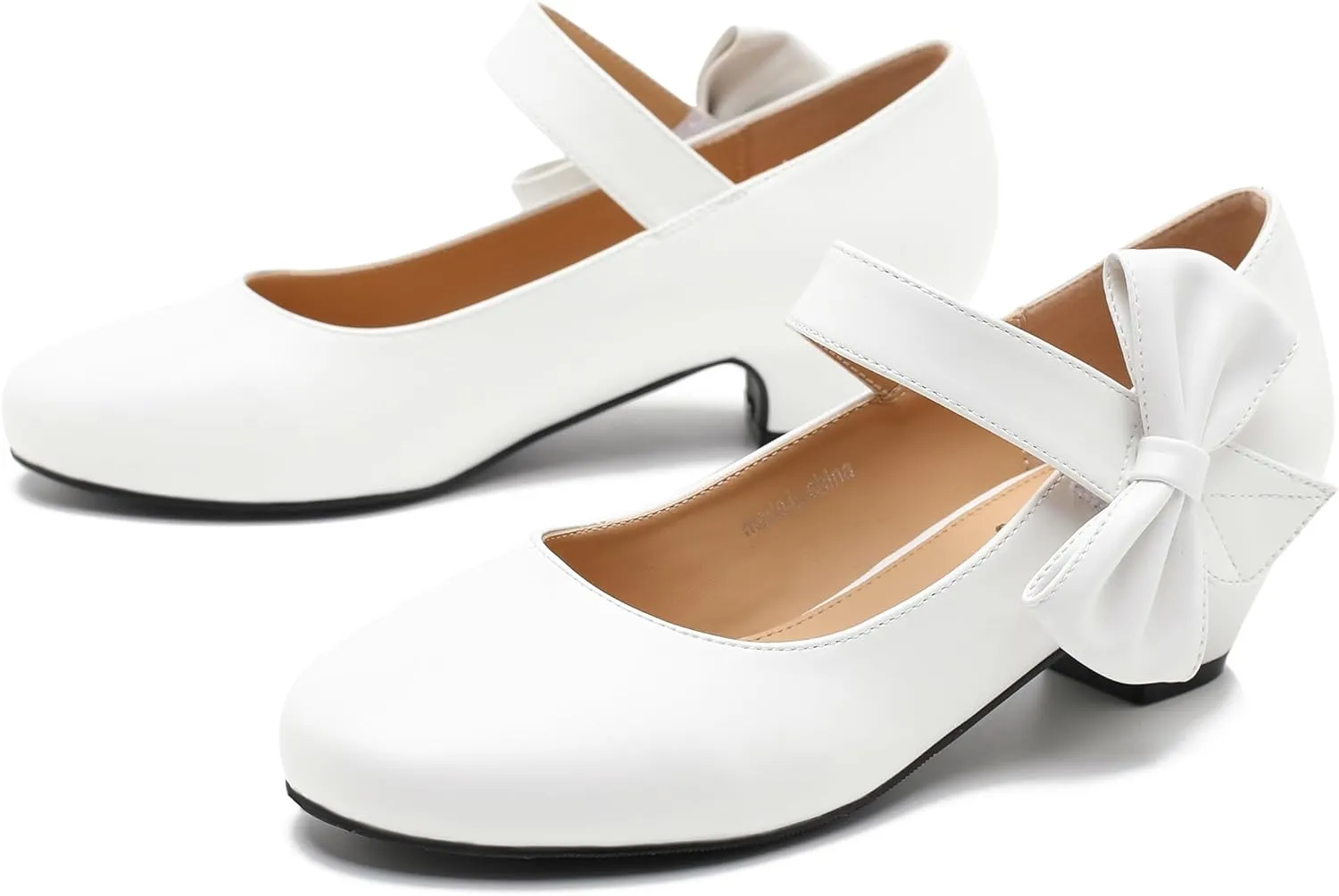 Women's Bow Mary Jane Low Chunky Heel Pumps Ankle Strap Side Bow Round Toe Dress Wedding Party Shoes