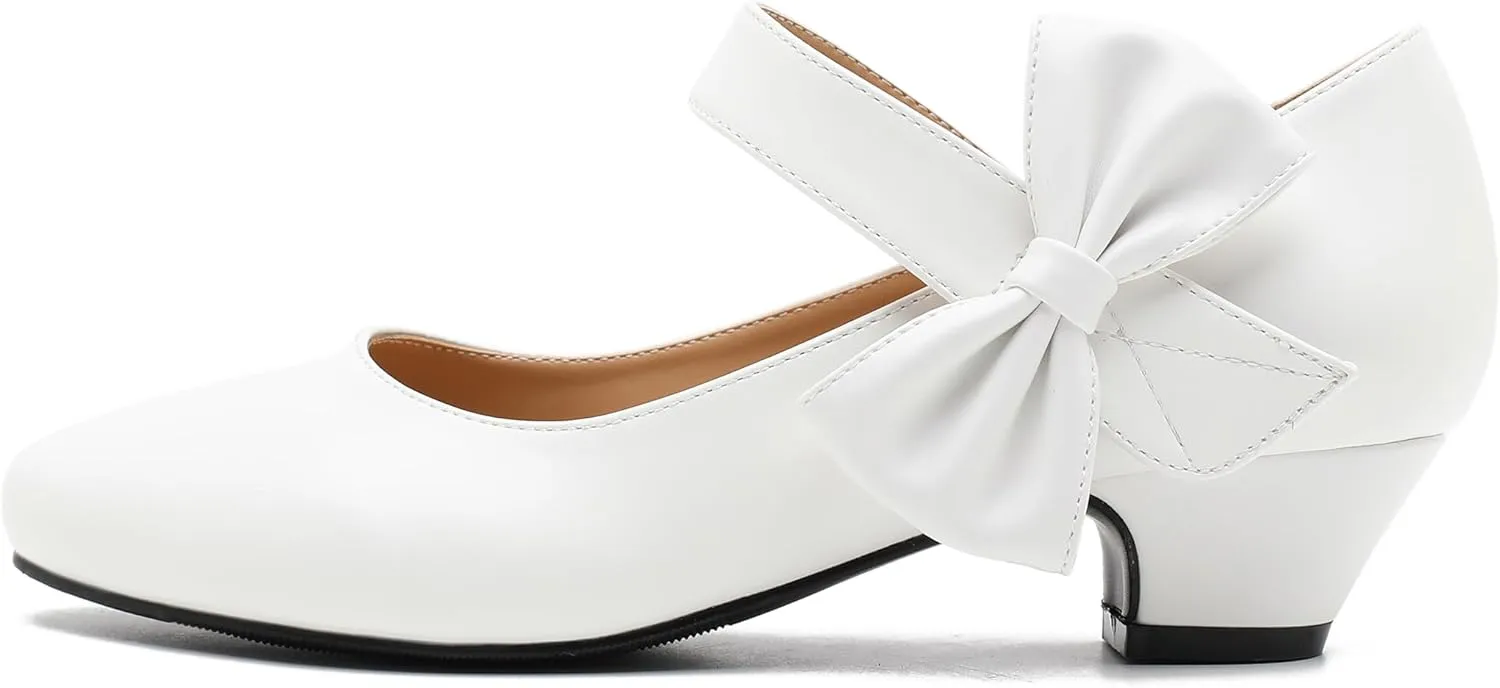 Women's Bow Mary Jane Low Chunky Heel Pumps Ankle Strap Side Bow Round Toe Dress Wedding Party Shoes