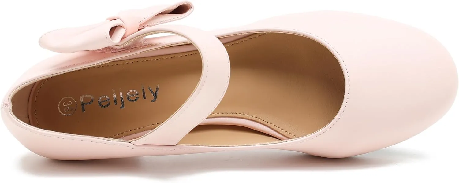 Women's Bow Mary Jane Low Chunky Heel Pumps Ankle Strap Side Bow Round Toe Dress Wedding Party Shoes