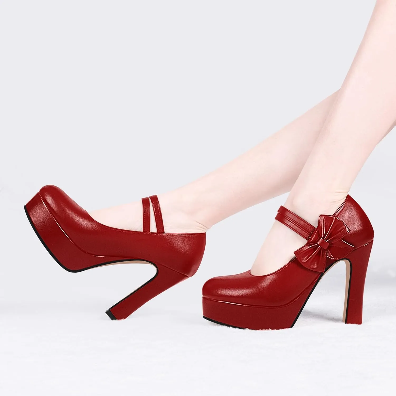 Women's Bow Plafrom High Heel Mary Janes Pumps Hook Loop Round Toe Dress Shoes