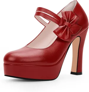 Women's Bow Plafrom High Heel Mary Janes Pumps Hook Loop Round Toe Dress Shoes