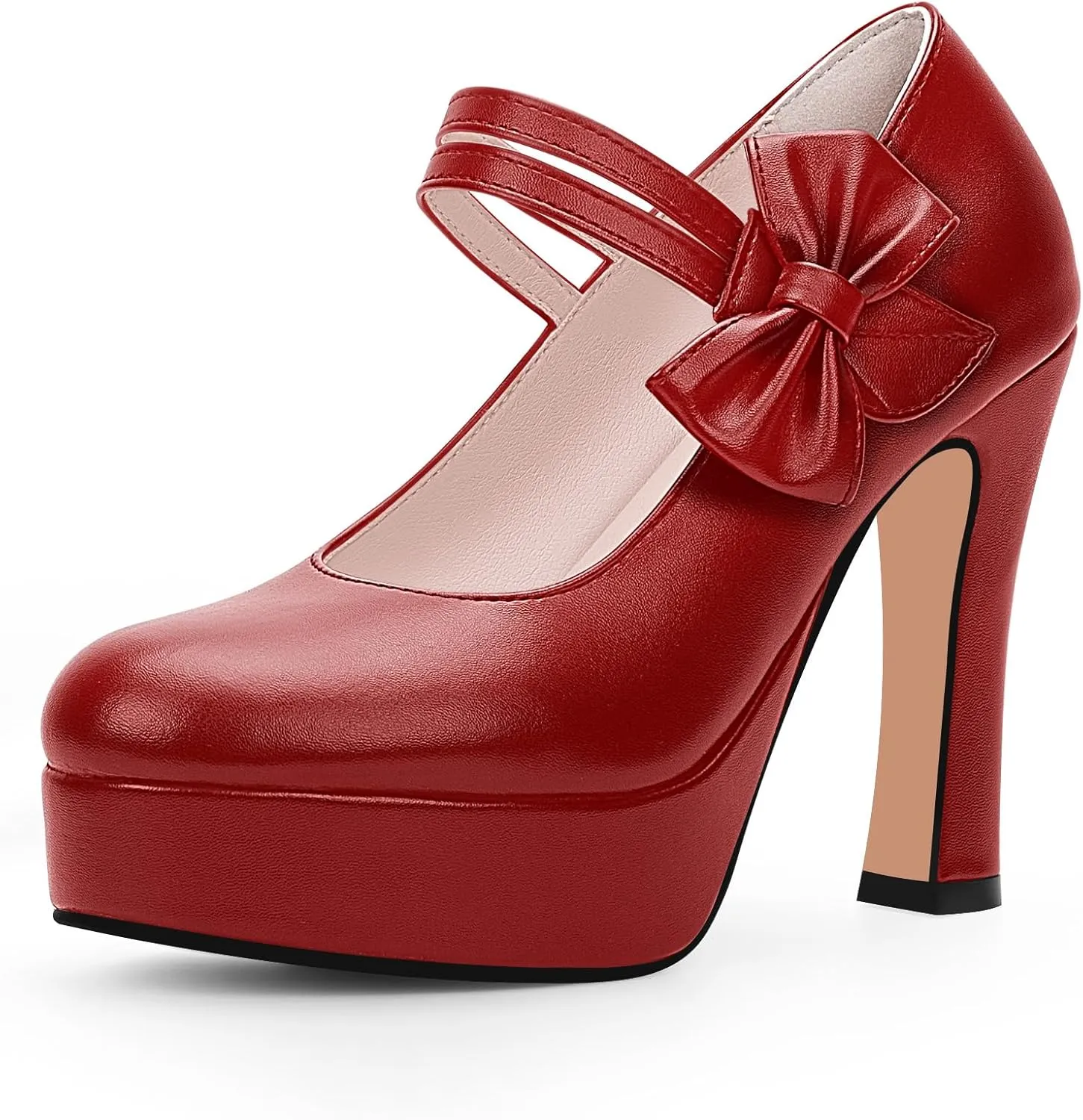 Women's Bow Plafrom High Heel Mary Janes Pumps Hook Loop Round Toe Dress Shoes