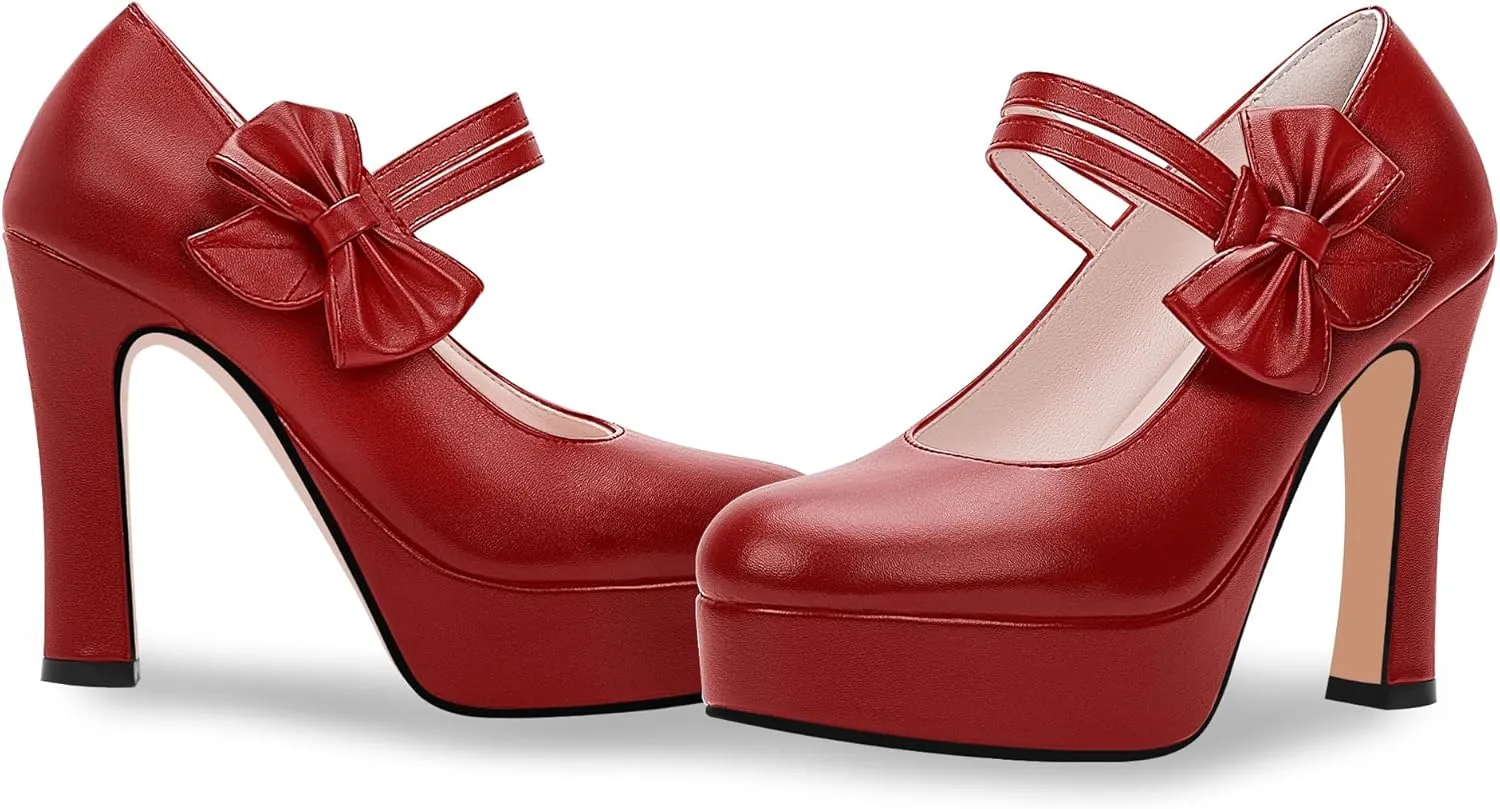 Women's Bow Plafrom High Heel Mary Janes Pumps Hook Loop Round Toe Dress Shoes
