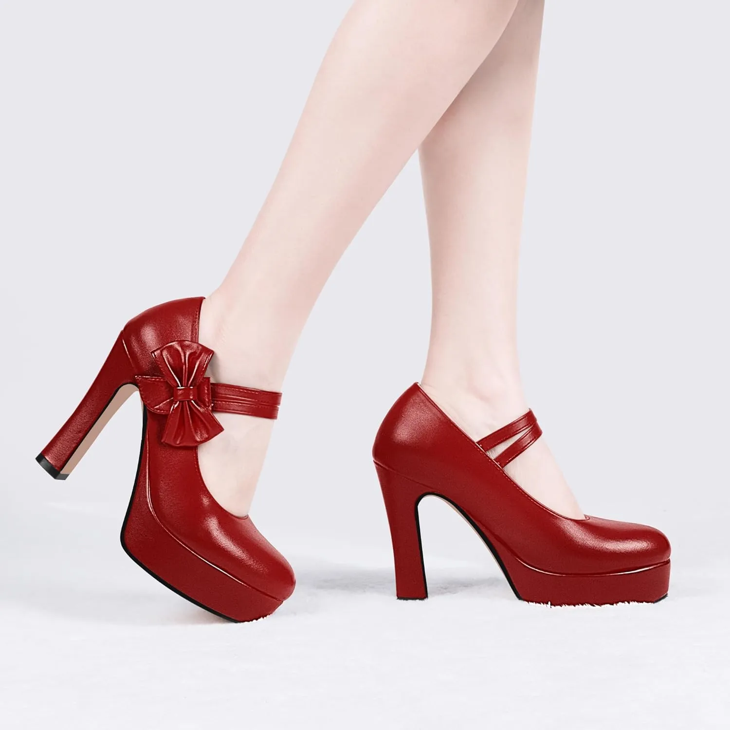 Women's Bow Plafrom High Heel Mary Janes Pumps Hook Loop Round Toe Dress Shoes