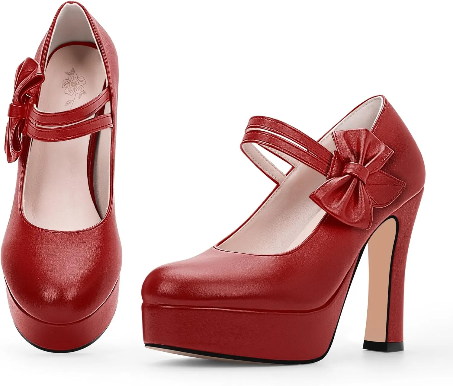 Women's Bow Plafrom High Heel Mary Janes Pumps Hook Loop Round Toe Dress Shoes