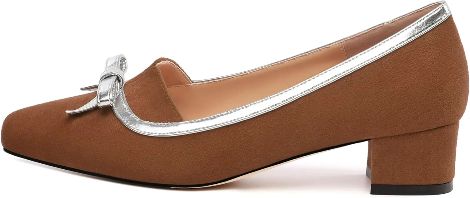 Women's Bowknot Low Chunky Block Heels Suede Square Closed Toe Slip On Pumps Evening Wedding Party Office Work Dress Shoes ﻿