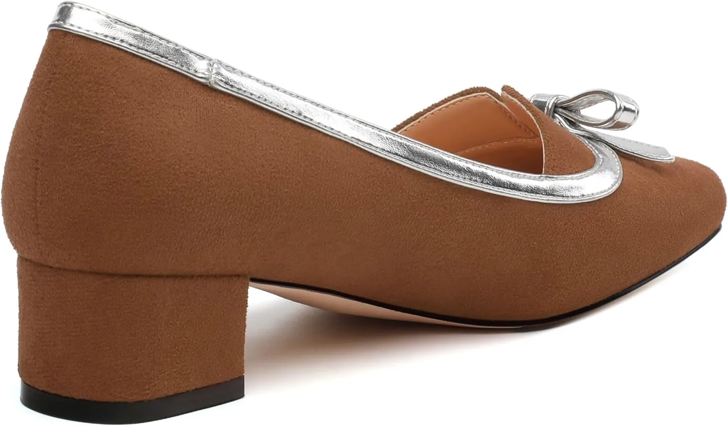 Women's Bowknot Low Chunky Block Heels Suede Square Closed Toe Slip On Pumps Evening Wedding Party Office Work Dress Shoes ﻿