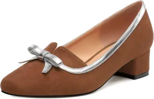 Women's Bowknot Low Chunky Block Heels Suede Square Closed Toe Slip On Pumps Evening Wedding Party Office Work Dress Shoes ﻿