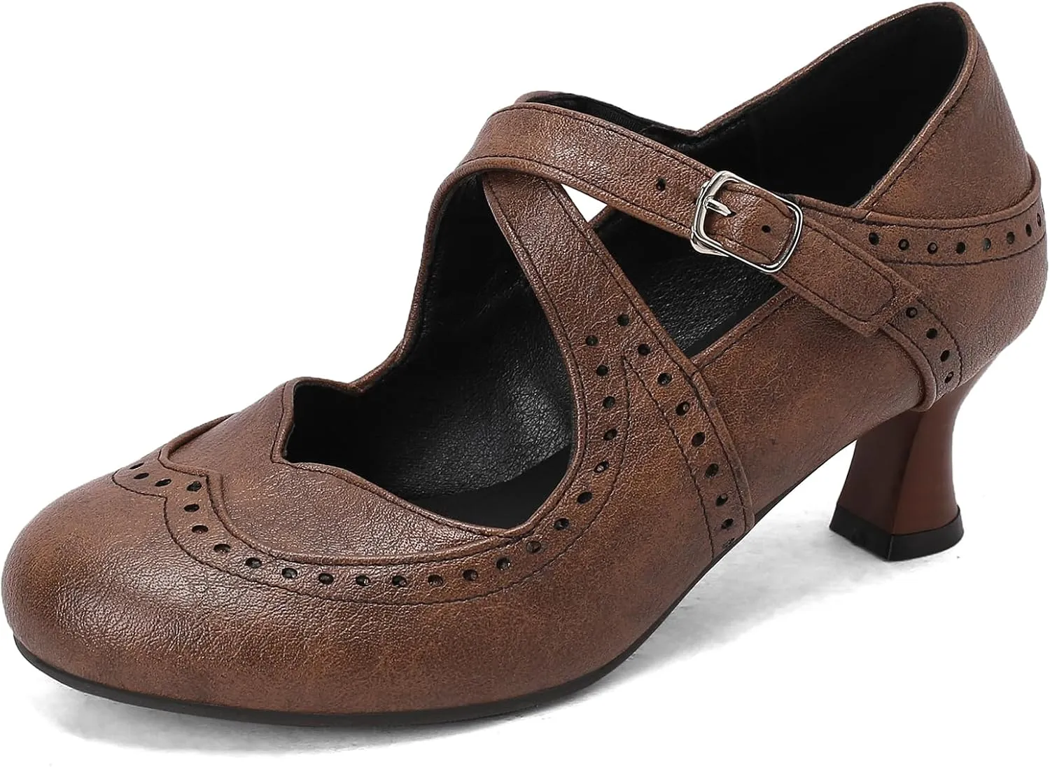 Women's Criss Cross Vintage Wingtip Oxfords Ankle Strap Cut Out Low Heel Brogue for Women