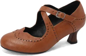 Women's Criss Cross Vintage Wingtip Oxfords Ankle Strap Cut Out Low Heel Brogue for Women