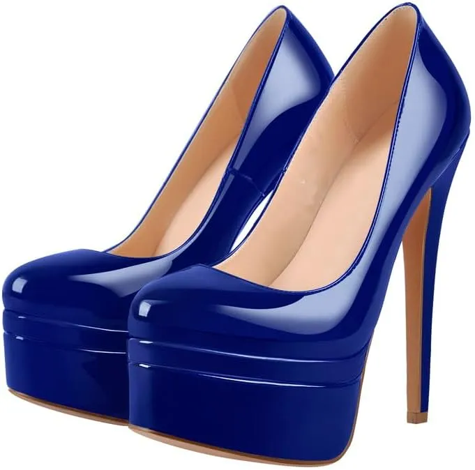 Women's Double Platform Round Closed Toe Stiletto High Heel Pumps