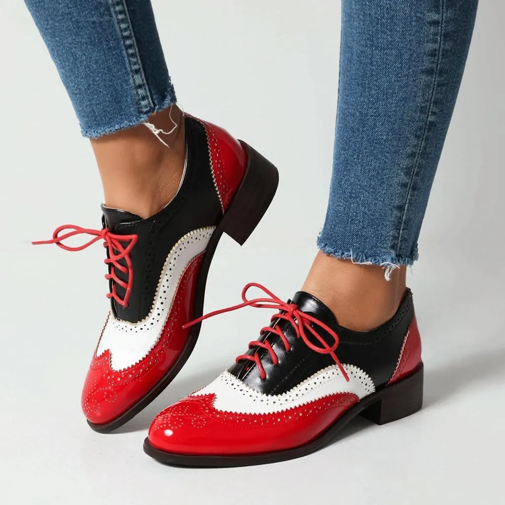Women's Flat Saddle Oxford Shoes Two Toned Wingtip Perforated Lace Up Low Heel School Uniform Oxfords Brogues