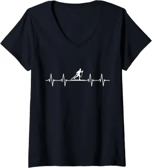 Womens Funny Cross Country Outfit Heartbeat Ski V-Neck T-Shirt
