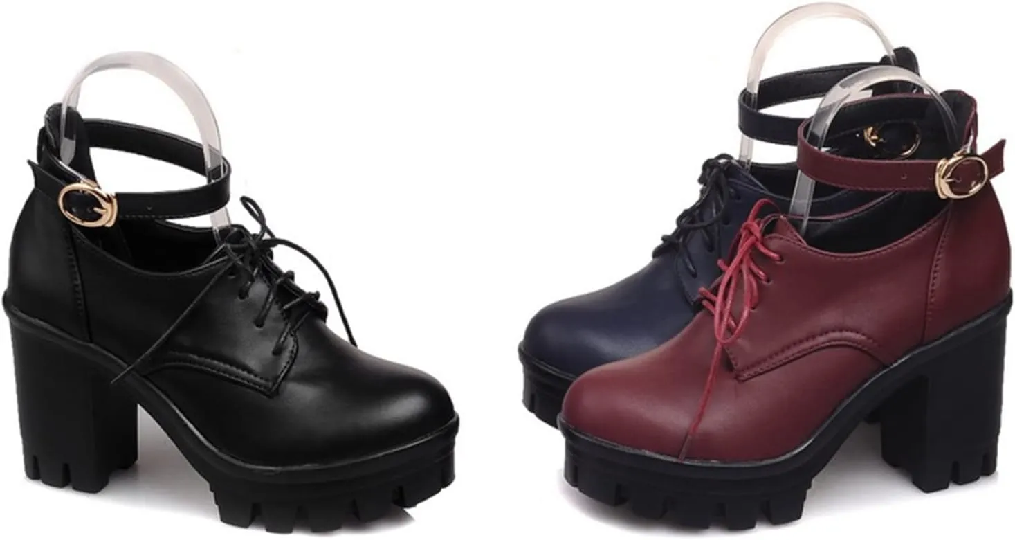 Women's Lace Up Round Toe Oxfords Pumps Ankle Buckle Strap Waterproof Chunky High Heel Platform Shoes