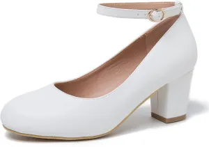Women's Low Block Chunky Heels Ankle Strap Pumps Closed Round Toe Dress Wedding Office Work Church Shoes