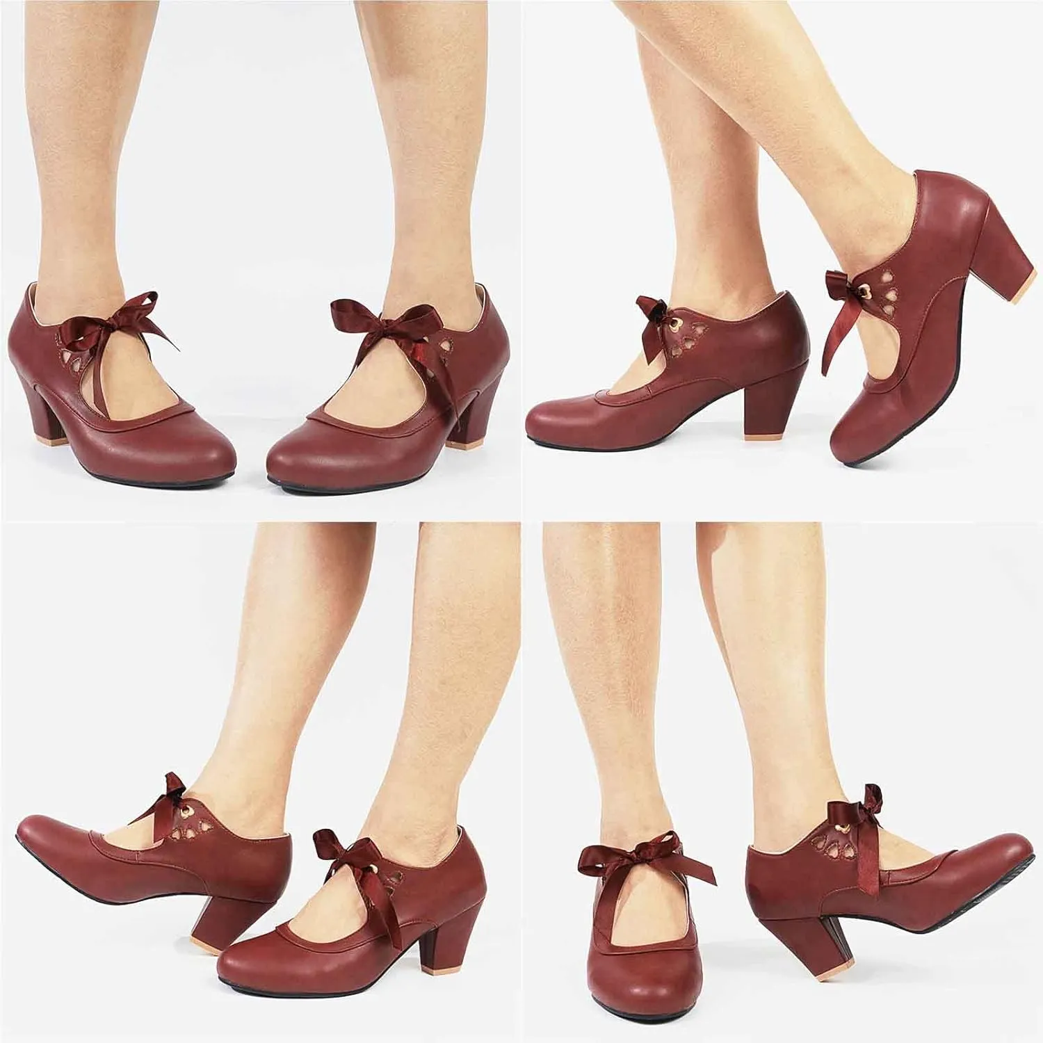 Women's Mary Jane Pumps Chunky Block Shoes Heart Hollow Adorable Vintage Shoes Unique Round Toe Lace Up