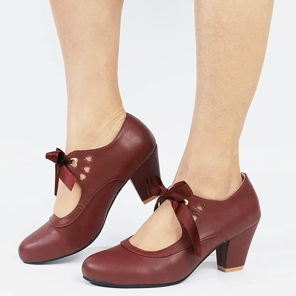 Women's Mary Jane Pumps Chunky Block Shoes Heart Hollow Adorable Vintage Shoes Unique Round Toe Lace Up