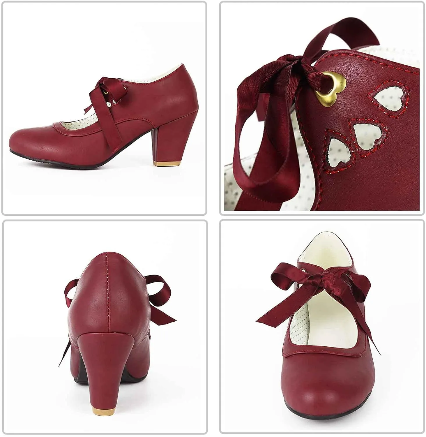 Women's Mary Jane Pumps Chunky Block Shoes Heart Hollow Adorable Vintage Shoes Unique Round Toe Lace Up