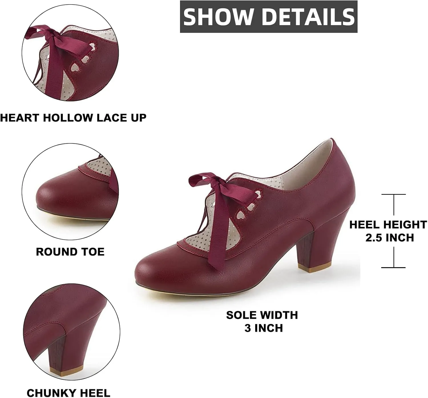 Women's Mary Jane Pumps Chunky Block Shoes Heart Hollow Adorable Vintage Shoes Unique Round Toe Lace Up