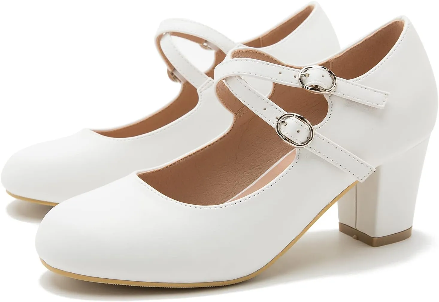 Women's Mary Jane Pumps Double Strap Chunky Block Heel Closed Round Toe Dress Office Work Bridal Wedding Party Shoes