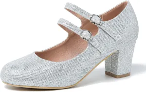 Women's Mary Jane Pumps Double Strap Chunky Block Heel Closed Round Toe Dress Office Work Bridal Wedding Party Shoes