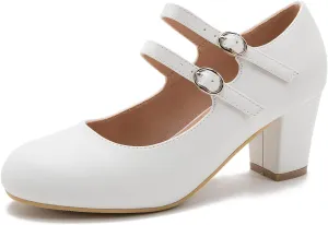Women's Mary Jane Pumps Double Strap Chunky Block Heel Closed Round Toe Dress Office Work Bridal Wedding Party Shoes